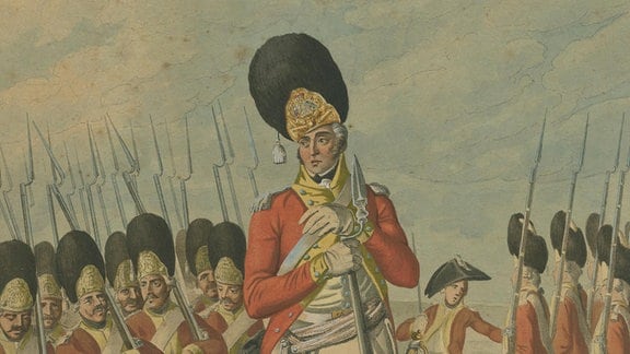 Offizier der Leib-Grenadier-Garde in Interimsuniform, Christian Friedrich Stölzel, kolorierte Radierung, um 1810 