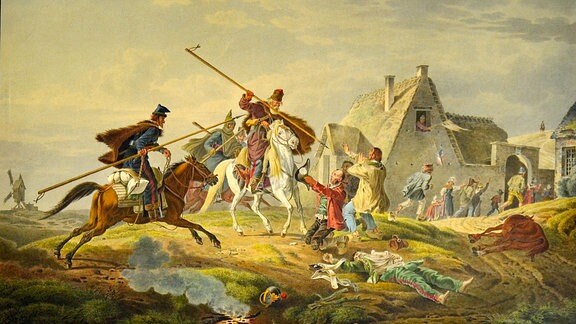Kosaken stürmen ein mit Napoleon sympathisierendes Dorf, Philipp Heinrich Dunker, Aquarell, 1819