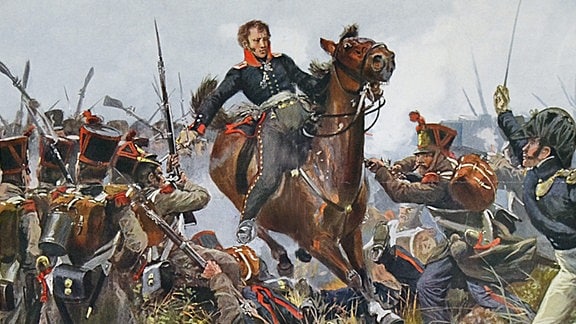 Heldentod des Majors von Krosigk bei Möckern, Richard Knötel, Farbdruck, um 1890