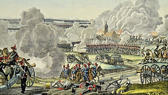 Die Erstürmung des Dorfes Liebertwolkwitz am 16. Oktober 1813 in der Schlacht bei Leipzig, kolorierte Radierung, um 1814