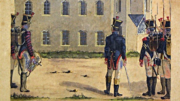 Soldaten vor der Kirche in Lindenau am 13. Oktober 1813, B. v. P., Aquarell, 1813