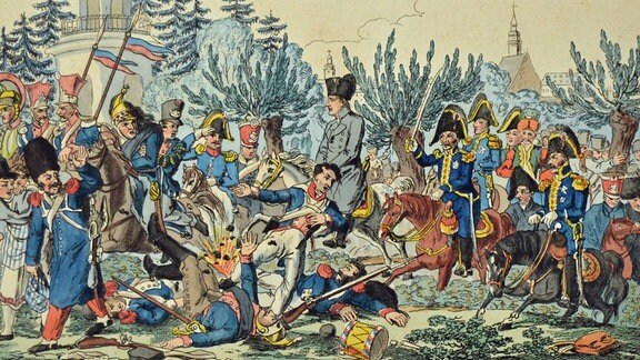 Napoleons Flucht aus Leipzig am 19. Oktober 1813, C. Geisler/C. Schule, kolorierte Radierung, 1814