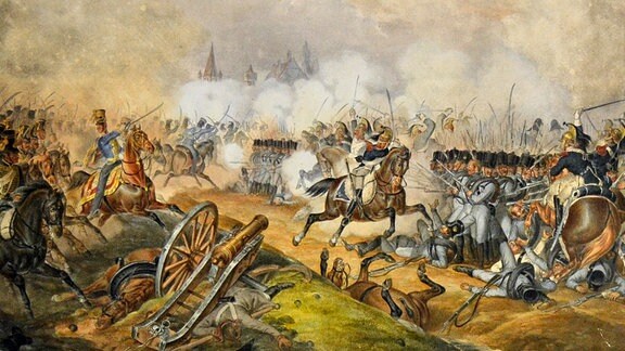 Schlacht bei Paunsdorf am 18. Oktober 1813, kolorierte Lithographie