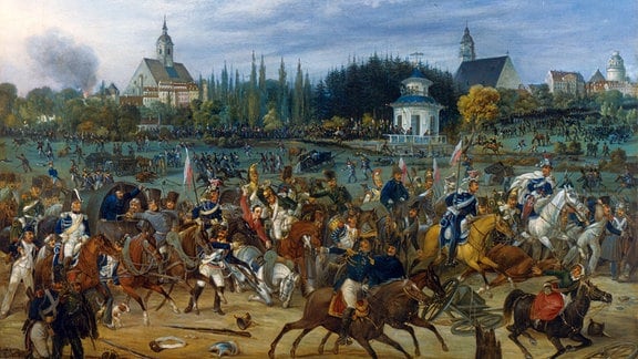 Rückzug der Franzosen am 19. Oktober durch Richters Garten, Ernst Wilhelm Straßberger, Öl auf Leinwand