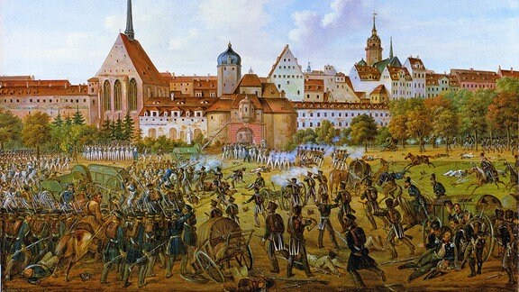 Kampf vor dem Grimmaischen Tor am 19. Oktober 1813, Ernst Wilhelm Straßberger, Öl auf Leinwand, um 1850