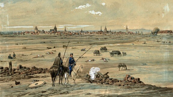 Blick von der Quandtschen Tabaksmühle über das Schlachtfeld auf Leipzig, Ernst Wilhelm Straßberger, Aquarell, 1813