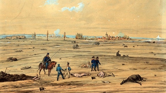 Das Schlachtfeld von Leipzig, Aquarell, 1813