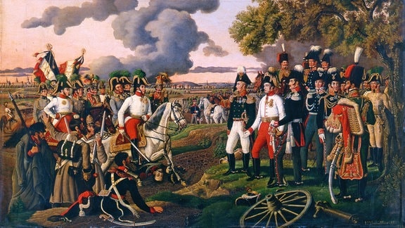 Schwarzenberg überbringt den verbündeten Monarchen die Siegesnachricht, Francois Tonnelier, Öl auf Leinwand, 1819