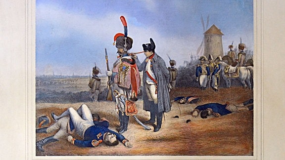 Napoleon an der Quandtschen Tabaksmühle am 18. Oktober 1813, Druck nach einer kolorierten Lithografie von Erdmann Ludwig Blau, um 1860