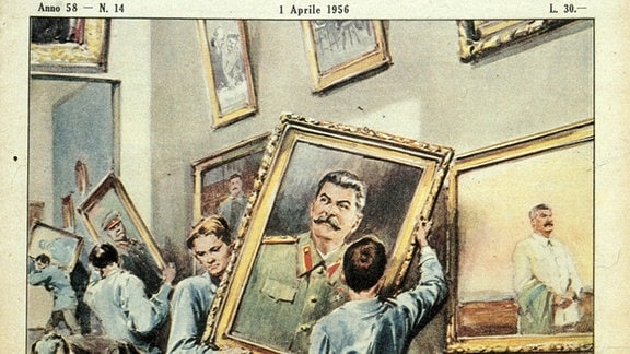 Zeitungsausschnitt zeigt das Abhängen eines Portraits von Stalin.