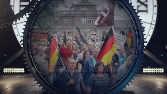 Collage: Menschen bei einer Demo und Menschen, die den Hitlergruß zeigen