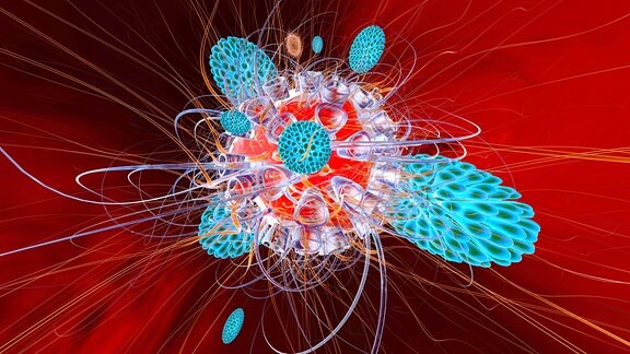 Computeranimation zeigt Abwehrzellen, die einen Virus attakieren