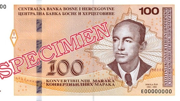 Abbildungen der Landeswährung Bosnien-Herzegowinas und Serbien.