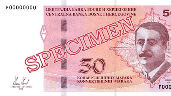 Abbildungen der Landeswährung Bosnien-Herzegowinas und Serbien.