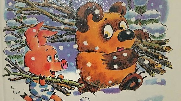Pooh Buchcover mit Bär und Ferkel im Schnee