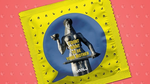 Kondom mit Frauenstatue