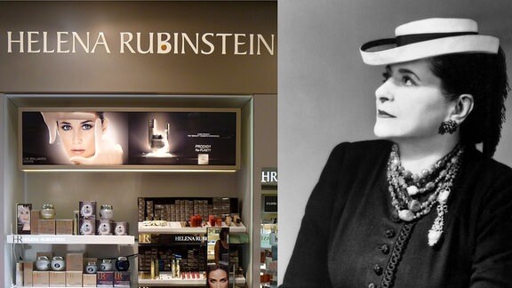 Helena Rubinstein (historisches Foto), neben Kaufhausregal mit Kosmetikprodukten - Bildmontage