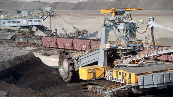 Der Kohle-Zug-Betrieb in einer Grube des Tagebaus Cottbus-Nord. 