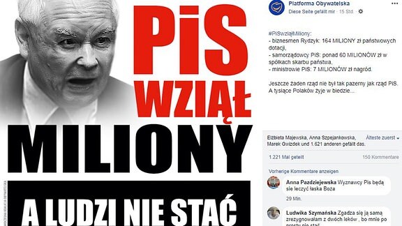 Post eines Schwarz-weißen Plakats mit Portraitfoto und polnischer Aufschrift auf Facebook.
