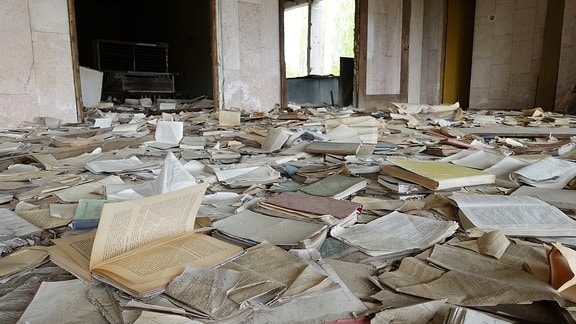 Bücher in einer Ruine.