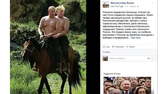 Fotomontage Putin und Trump mit nacktem Oberkörper gemeinsam auf einem Pferd