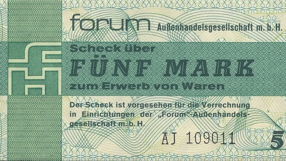 Vorderseite eines Forum-Schecks aus der DDR im Wert von 5 Mark