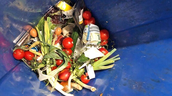 Weggeworfene Lebensmittel liegen in einer Mülltonne