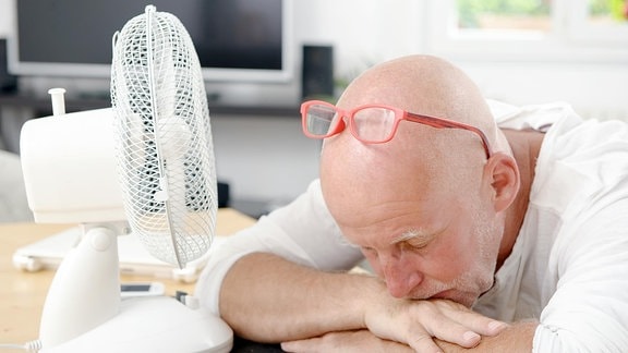 Ein Mann ruht auf dem Schreibtisch neben einem Ventilator.