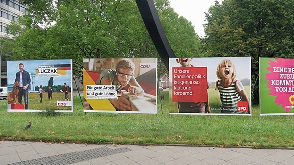 Vier große Wahlplakate stehen auf einer Wiese.