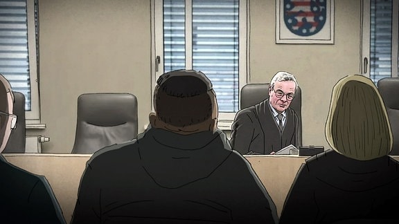 Illustration - Klagender Asylbewerber bei Gericht unter dem Vorsitz von Richter Fuchs