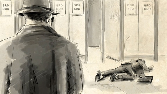 Zeichnung - ein Mann liegt am Boden, hinter ihm steht ein Mann mit Hut, dunkler Sonnenbrille und Mantel.