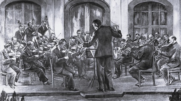 Gemälde von Heinrich Schachtebeck mit dem Leipziger Sinfoninieorchester vor dem Gohliser Schlösschen