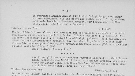 Auszüge aus der Monatsschrift "Das leere Haus", die die Mitarbeitenden des Leipziger Senders während des Krieges über Interna auf dem Laufenden hielt. 