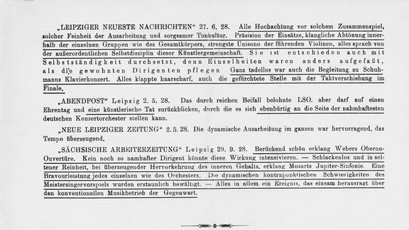 Schwarz-Weiß-Foto des Frontblattes Pressestimmen zum LSO ohne Dirigenten. 