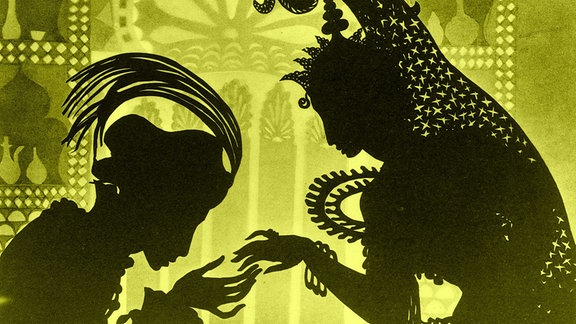orientalisch anmutendes Scherenschnitt-Bild aus dem Film "Die Abenteuer des Prinzen Achmed" von 1926