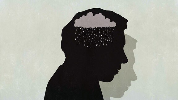 Illustration: Mentale Gesundheit - Sillhouette eines Mannes mit Regenwolke im Kopf