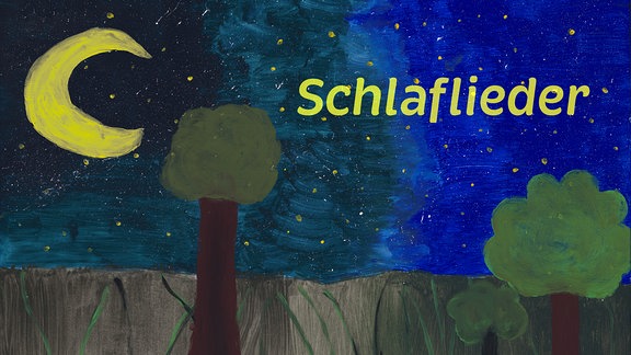 Kinderbild mit Nachthimmel, Bäumen und Mond