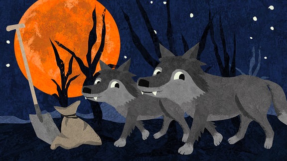 Zwei kleine Wölfe in der Vollmondnacht