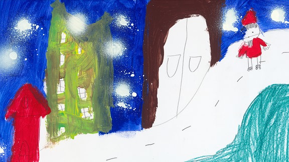 Ein von einem Kind gemaltes Bild zum Schlaflied "Der Sandmann ist da"
