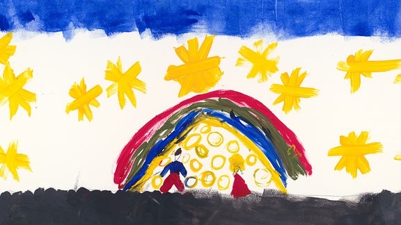 Ein von einem Kind gemaltes Bild zum Schlaflied "Ich schenk dir einen Regenbogen"