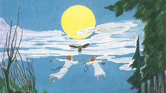 Illustrationen von Hans Baluschek aus dem Buch "Peterchens Mondfahrt": Zwei Kinder in weißen Nachthemden und ein Maikäfer fliegen zum Mond. 