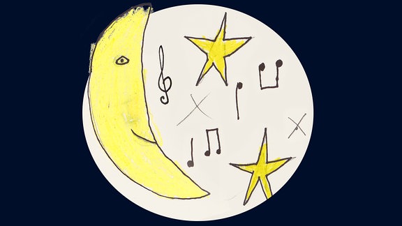 gemaltes Kinderbild mit einem Kreis, darin ein Halbmond, Sterne und Noten