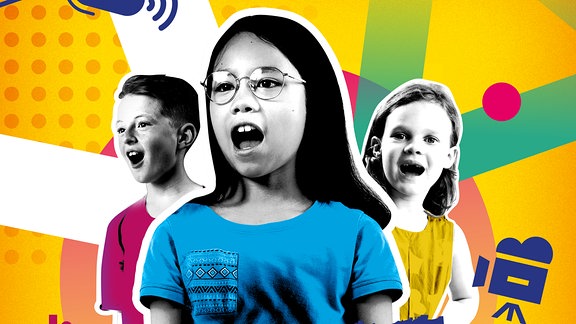 Plakatmotiv "Sing mit uns" im MDR-Kinderchor: Drei singende Kinder mit dem Schriftzug "Sing mit uns"