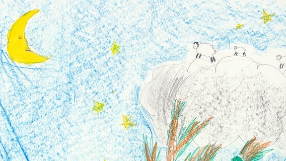 Ein von einem Kind gemaltes Bild zum Schlaflied "Wer hat die schönsten Schäfchen"