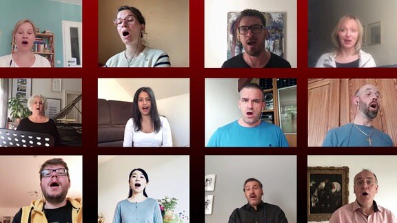 mehrere Webcamsignale mit singenden Menschen in einem Bild zusammengefasst.