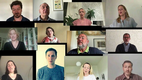 mehrere Webcamsignale mit singenden Menschen in einem Bild zusammengefasst.