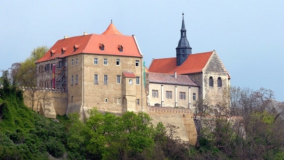 Die Burg, Schloss und Kloster Goseck, auf einem Hügel umgeben von Wald.