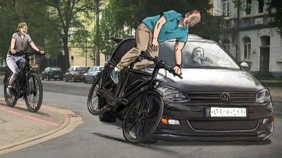 Zeichnung zeigt einen Unfall zwischen einem Radfahrer und einem Pkw VW Golf beim abbiegen.