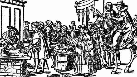 Druck zeigt Menschen im 16. Jahrhundert bei Ablasshandel