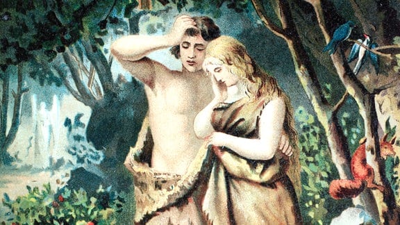 Adam und Eva im Paradies, Chromlithographie aus einer Hausbibel, ca 1870